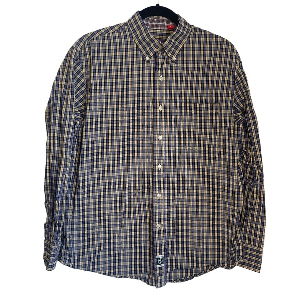 IZOD Men's Blue Yellow Plaid Cotton Casual Button Down Dress Shirt Size …